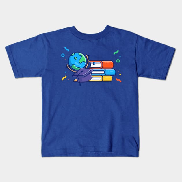 Globe, Graduation Hat And Books Cartoon Kids T-Shirt by Catalyst Labs